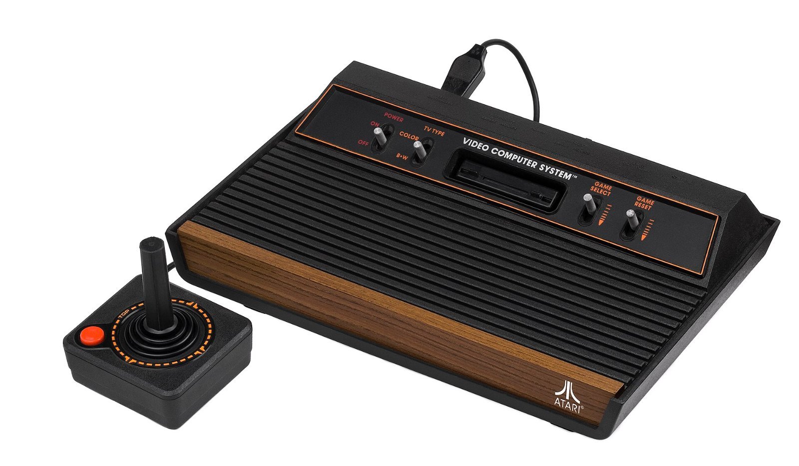 Consola Atari 2600 de cuatro interruptores con frente de madera y su joystick
